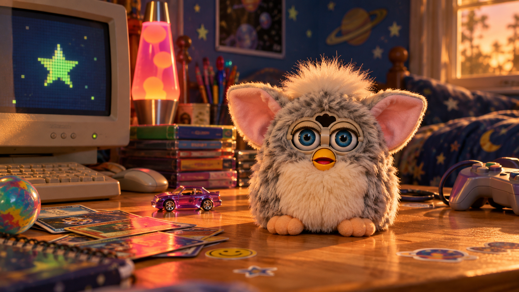 Concept illustration of a classic furry Furby on a warm bedroom desk, with a beige computer and glowing lava lamp.