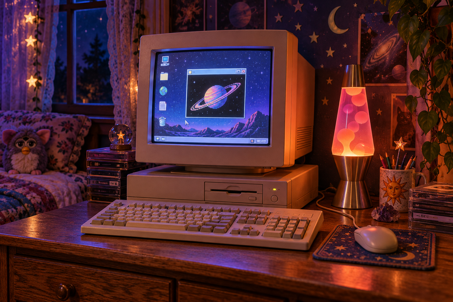 A beige CRT computer and wired keyboard glowing beside a lava lamp.