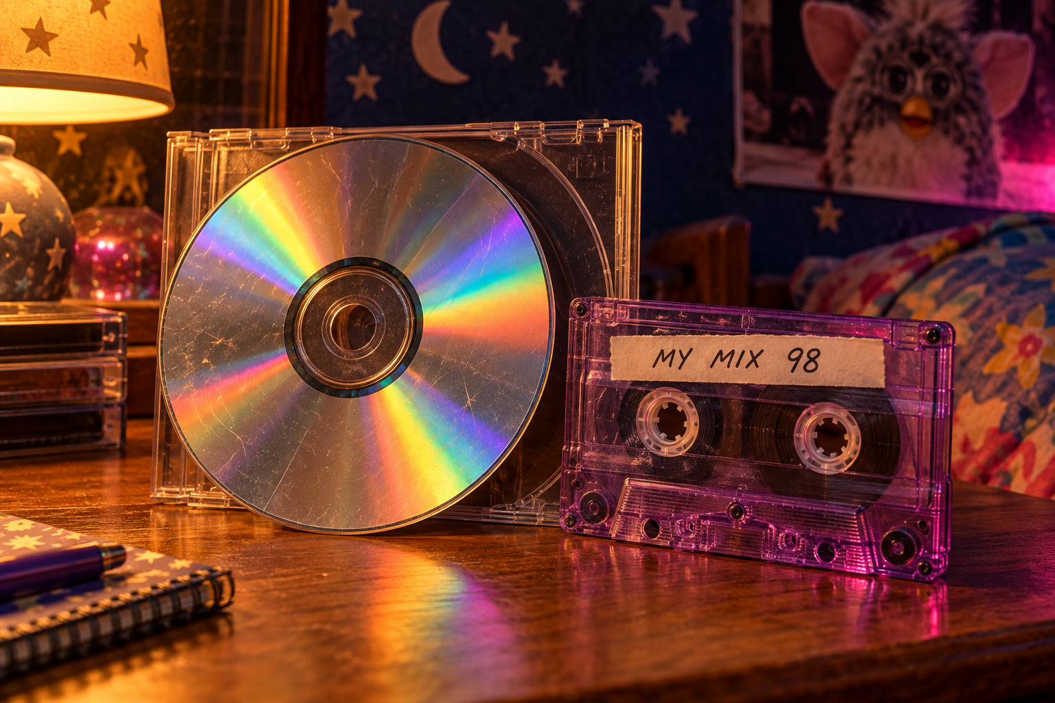 A shimmering CD and purple cassette on a warm 1990s bedroom desk.
