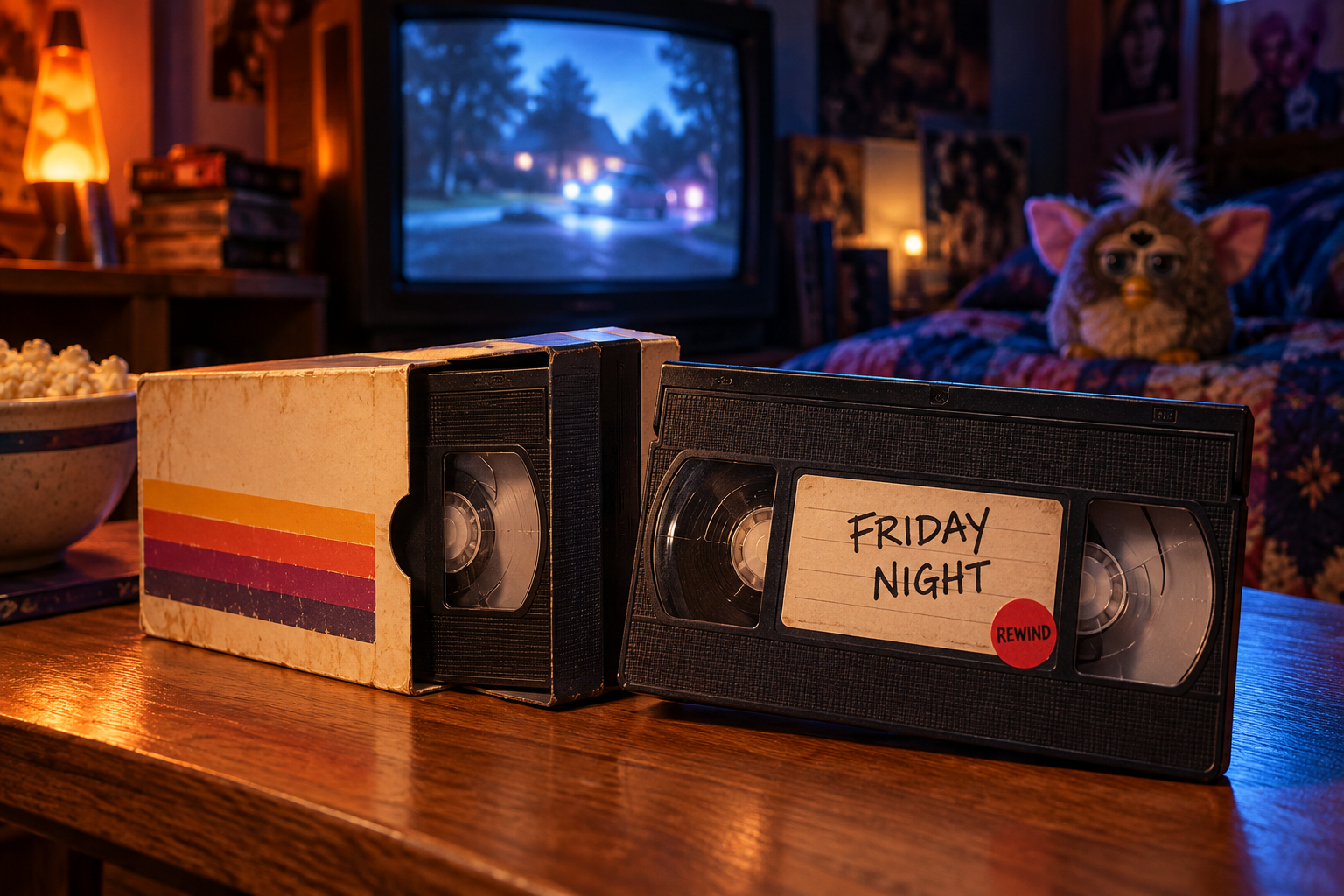 VHS rental tapes beside the glow of an old television.