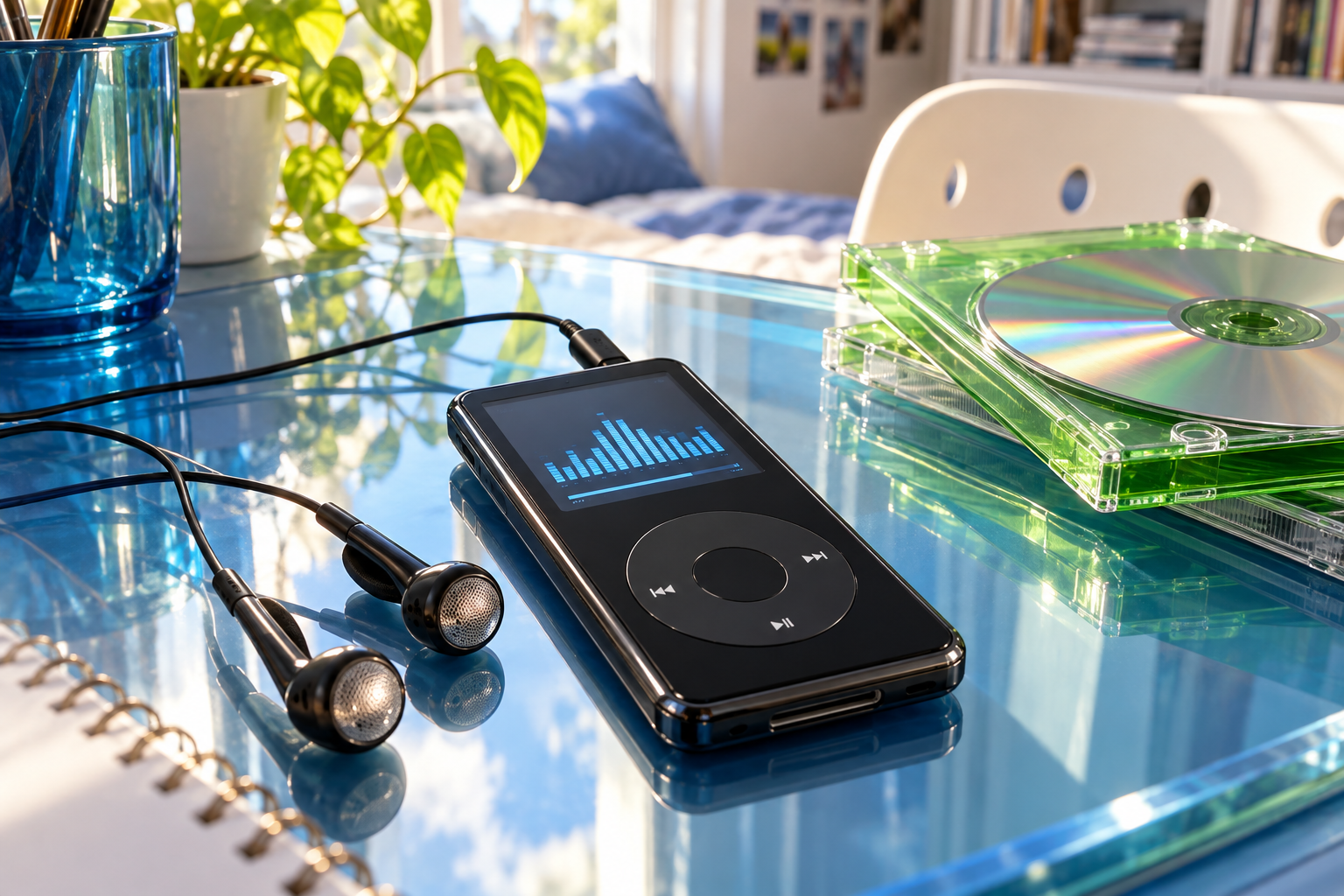 Concept illustration: A pocket music player on a blue glass desk.