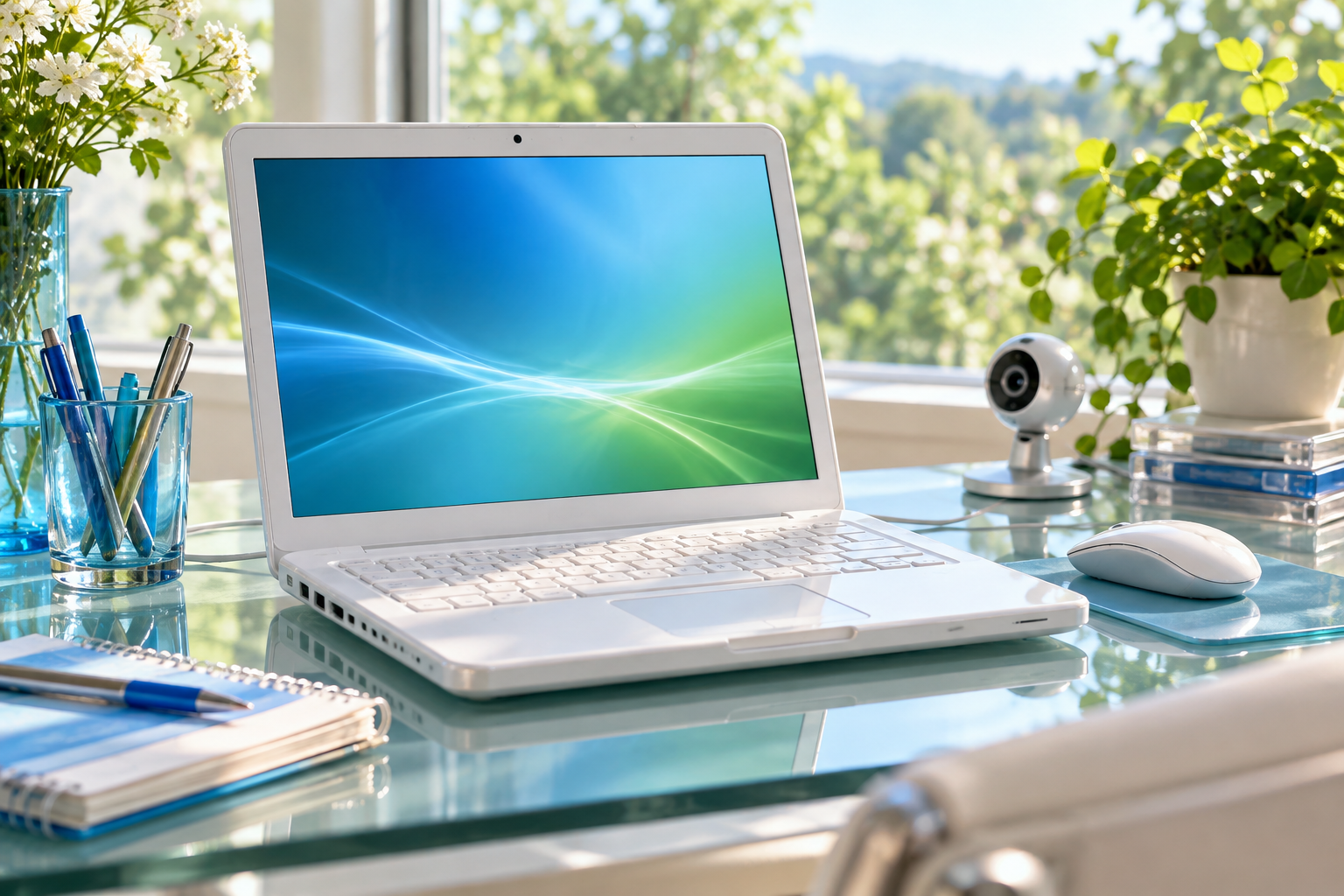 Concept illustration: A glossy white laptop by a sunlit window.