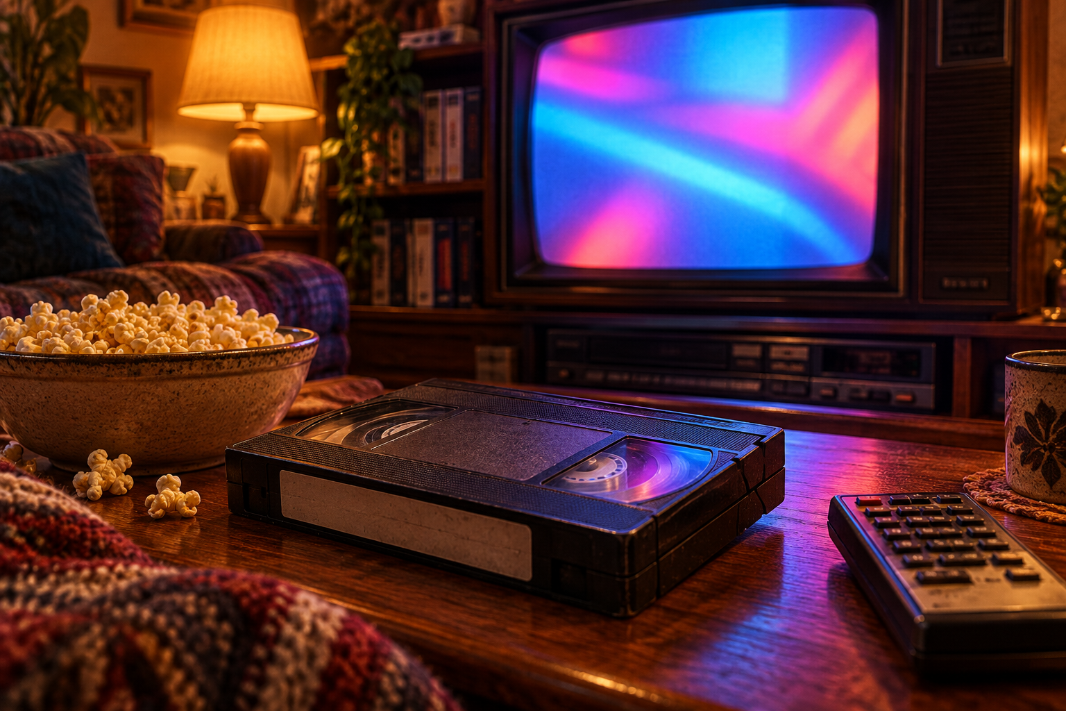 Concept illustration: VHS tapes and a glowing box television.