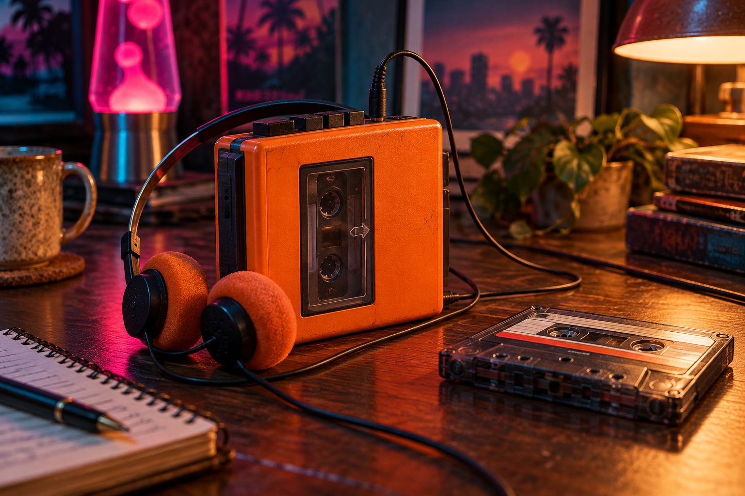 Concept illustration: An orange cassette player with wired foam headphones.