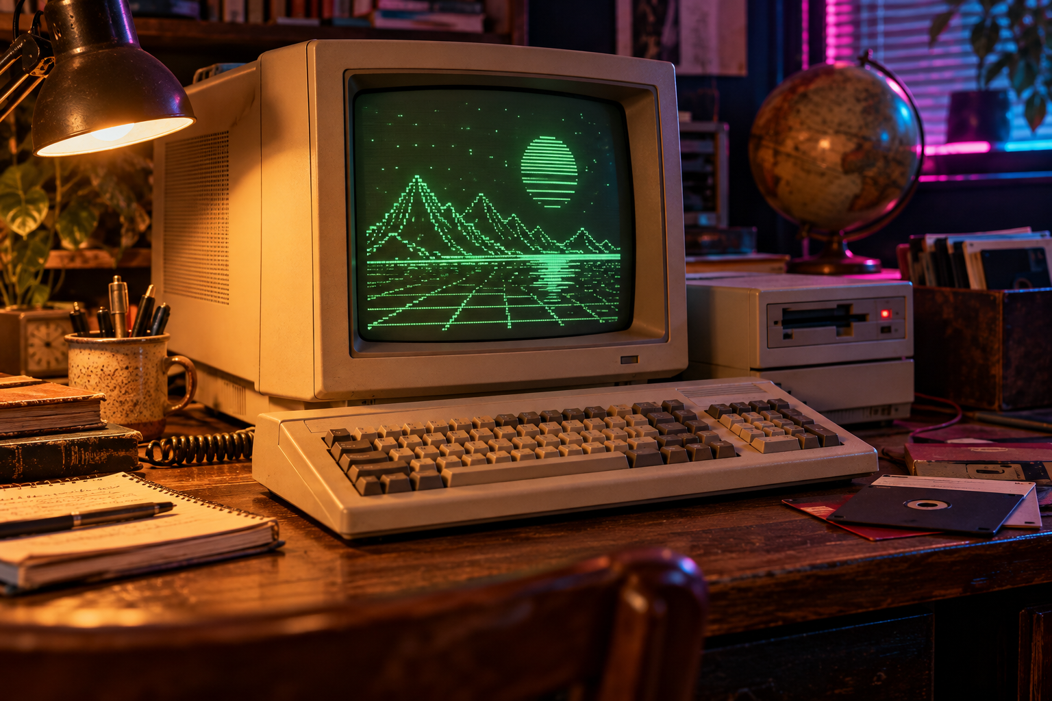 Concept illustration: An early beige home computer with a green screen.
