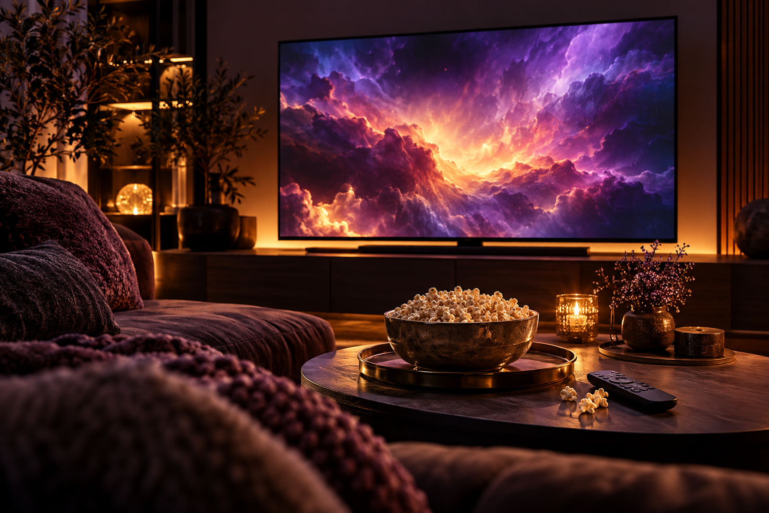 Concept illustration: A warm contemporary streaming movie night.