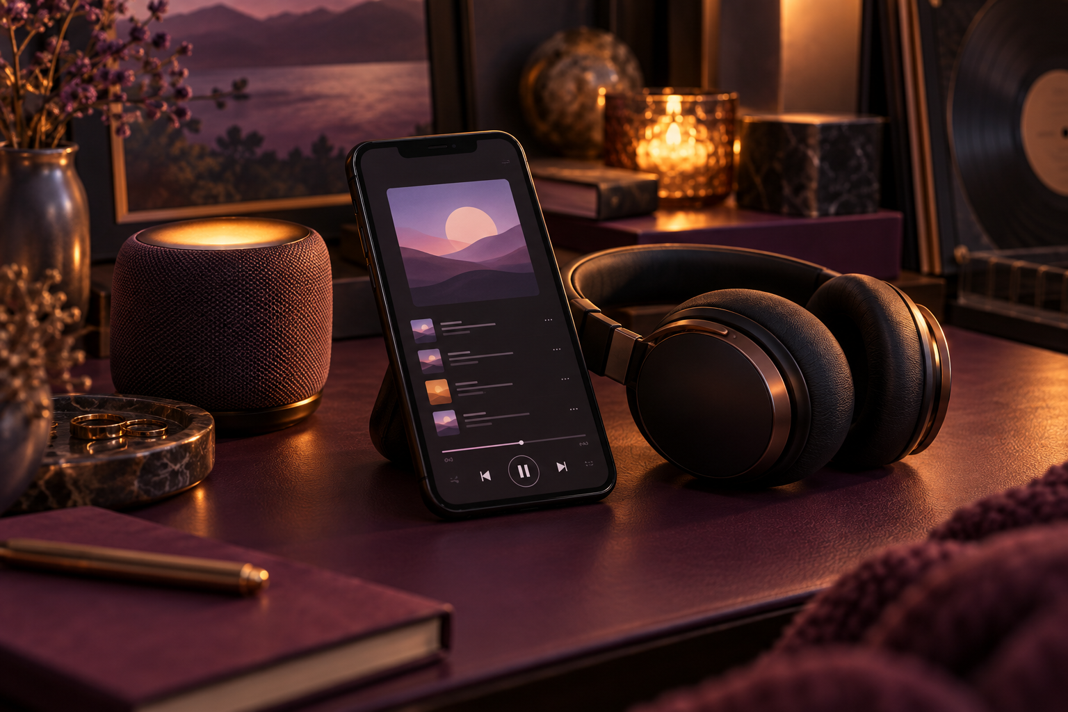 Concept illustration: A playlist on a phone beside wireless headphones.