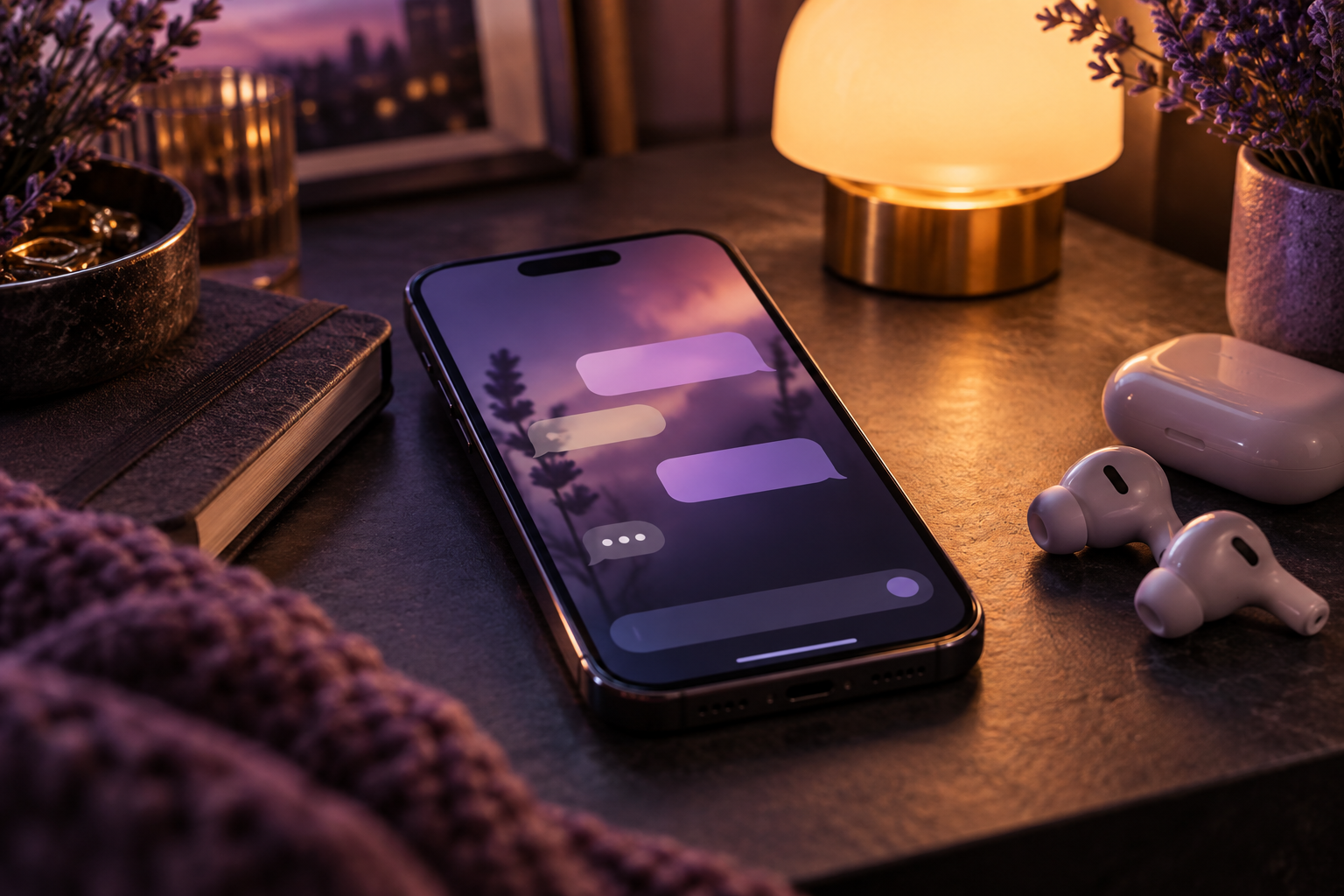 Concept illustration: A smartphone, wireless earbuds and soft lavender light.