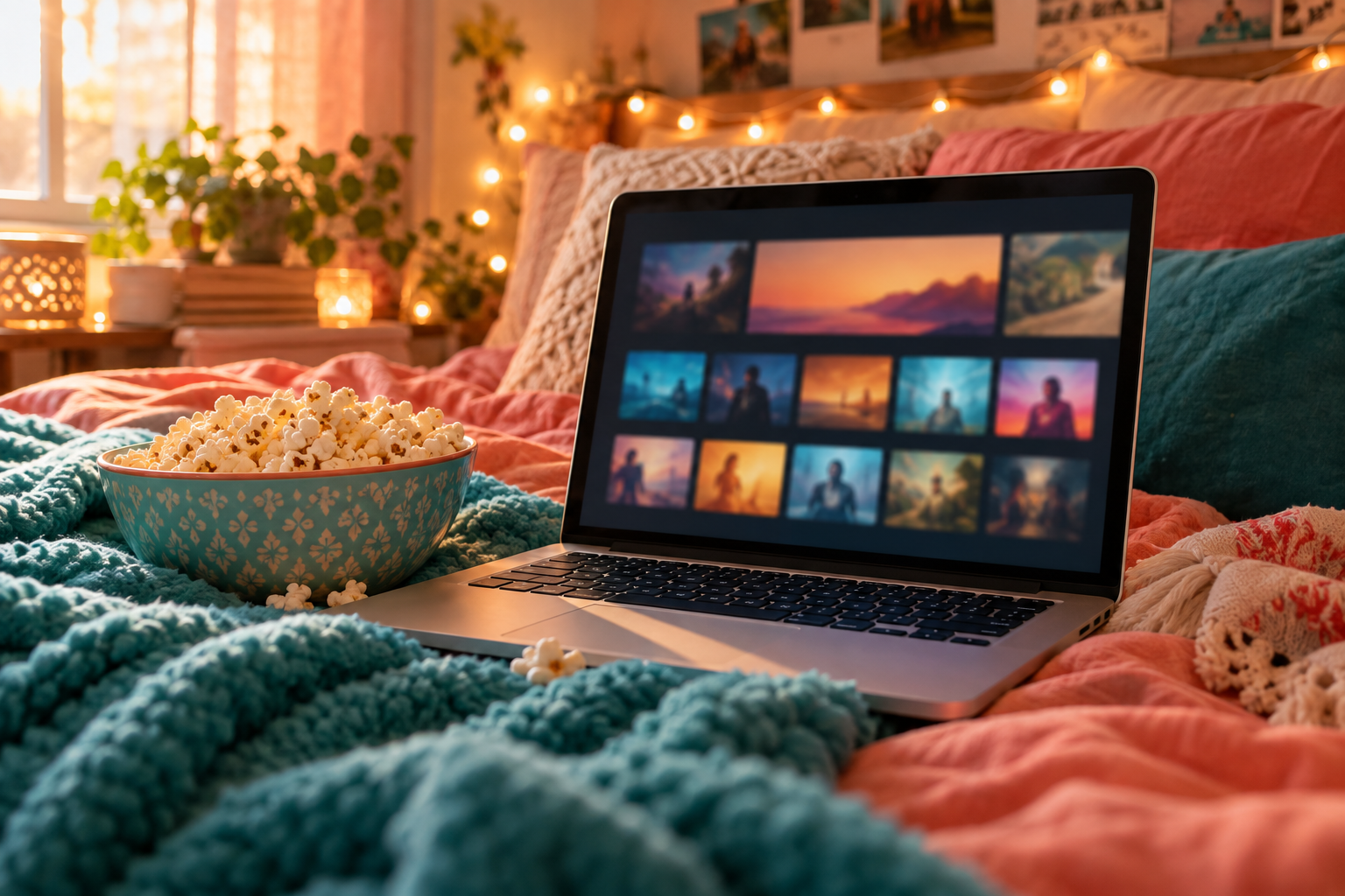 Concept illustration: A streaming laptop, fairy lights and popcorn.