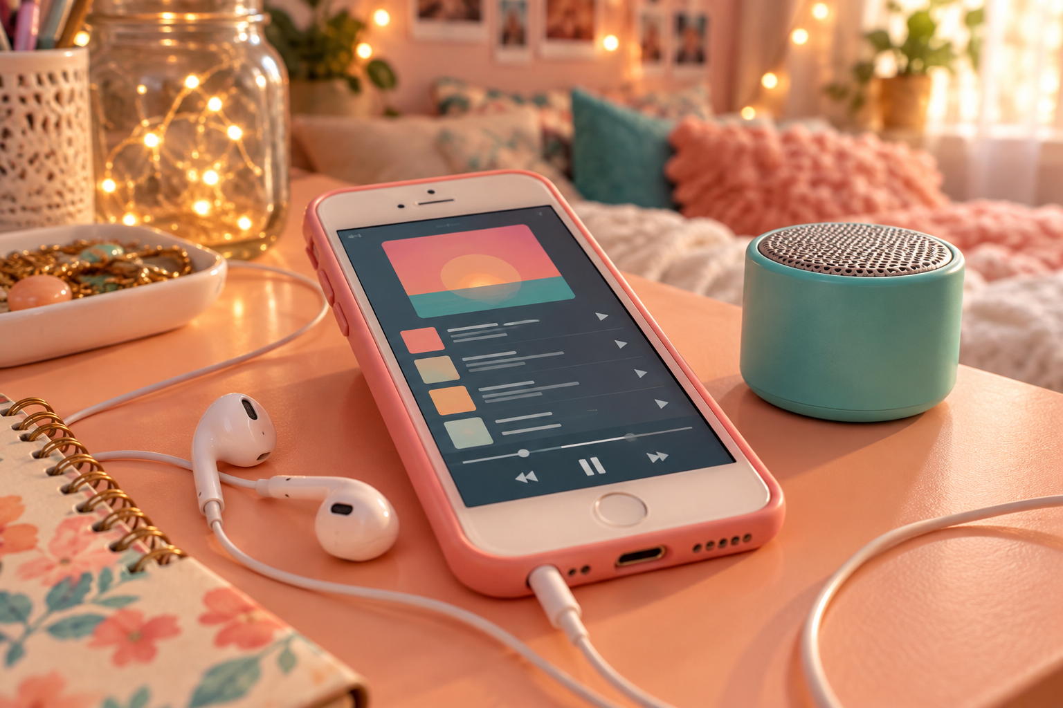 Concept illustration: A pink-cased smartphone, wired earbuds and portable speaker.