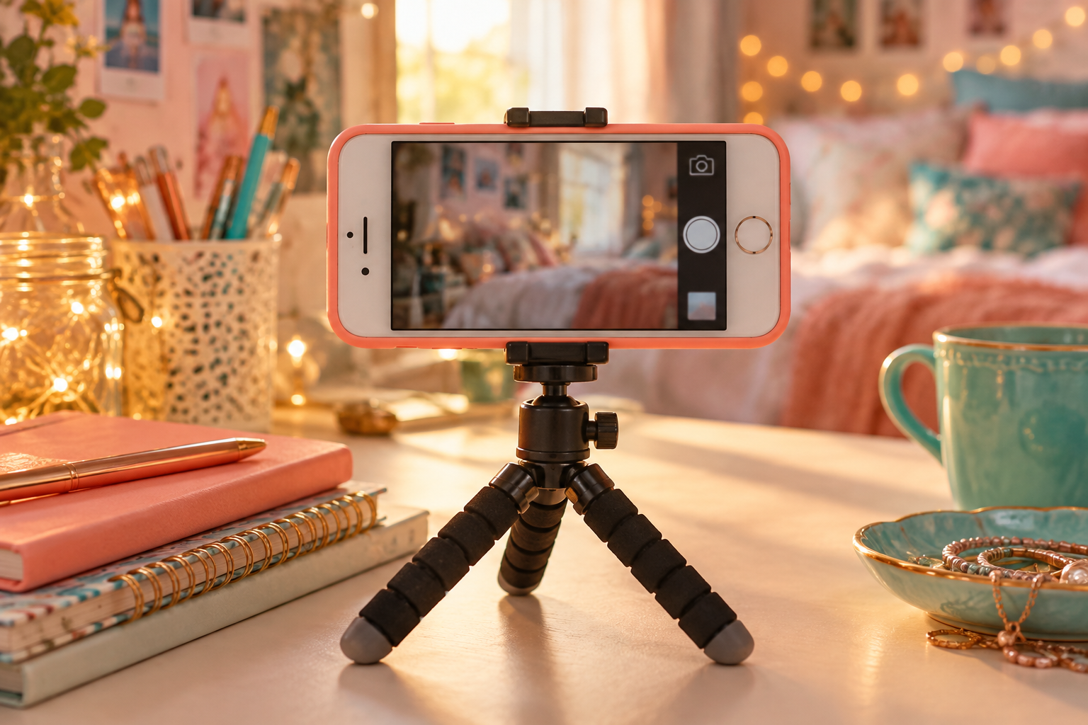 Concept illustration: A smartphone on a desk tripod for filming.