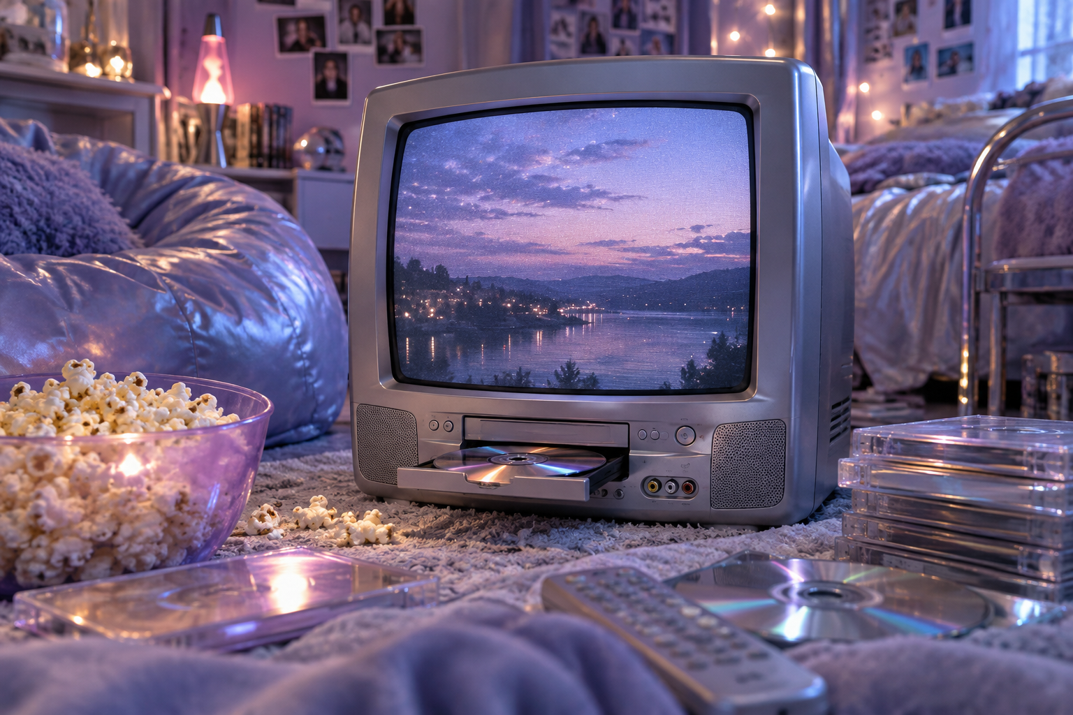 Concept illustration: A silver television with DVD player and movie-night popcorn.