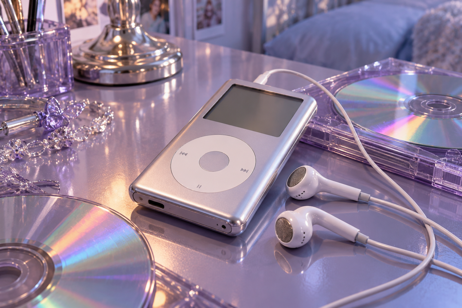 Concept illustration: A silver MP3 player, wired earbuds and compact discs.