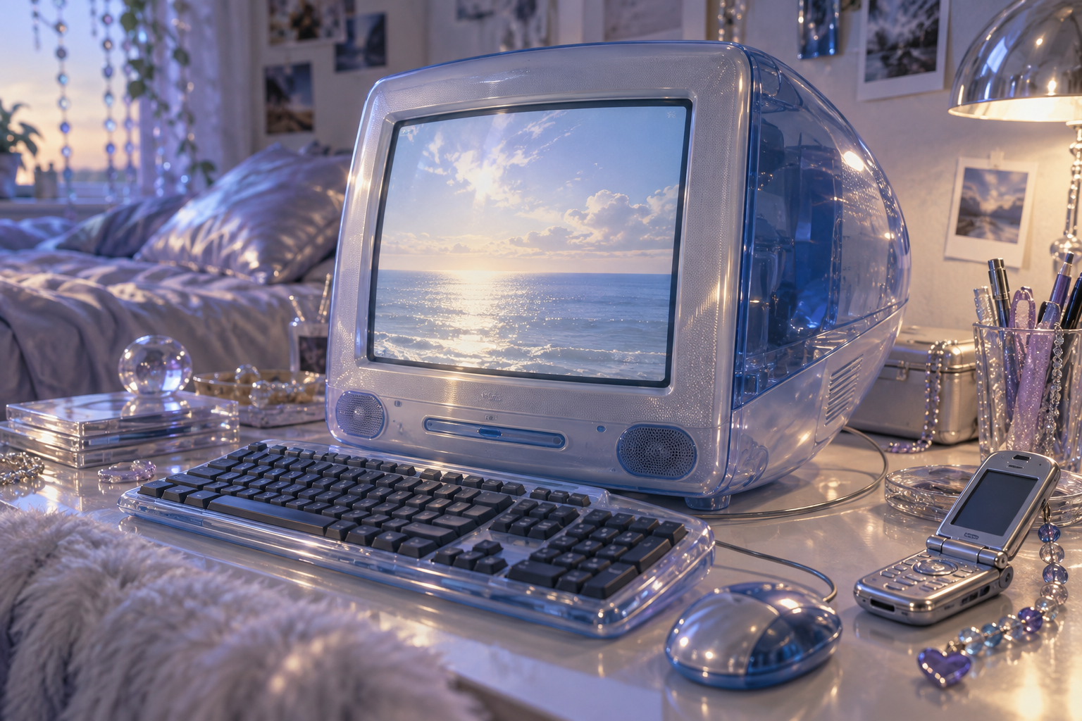 Concept illustration: A translucent blue desktop computer and flip phone.
